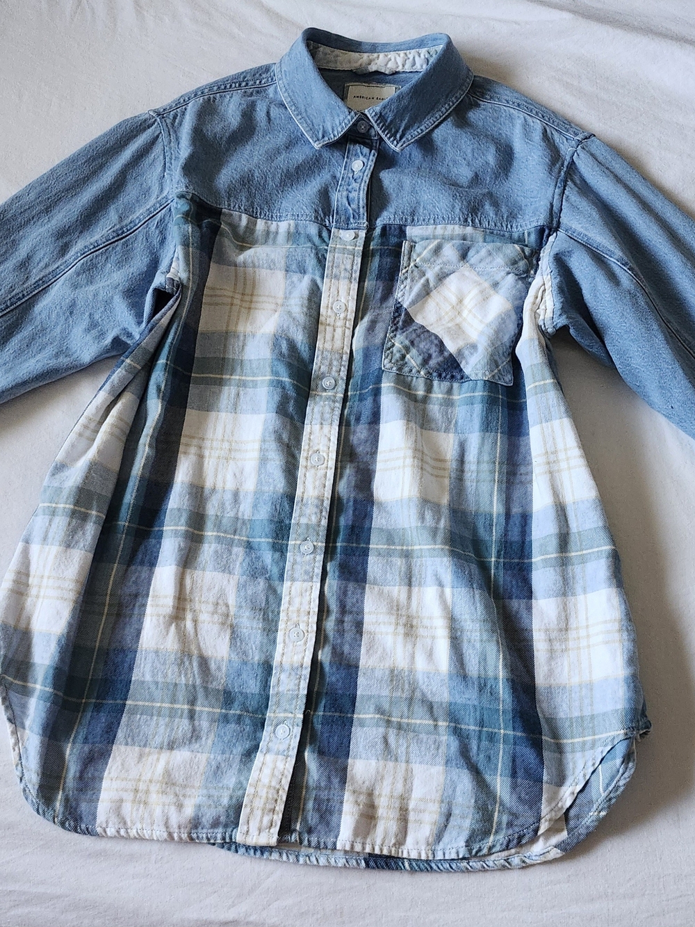 American Eagle Outfitters Light Blue Plaid & Denim Button-Up Shirt